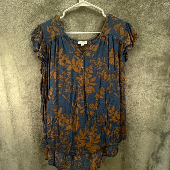 Market & Spruce Blue Brown Floral Flutter Sleeve 2X Boho Cottagecore Peasant - Picture 2 of 9